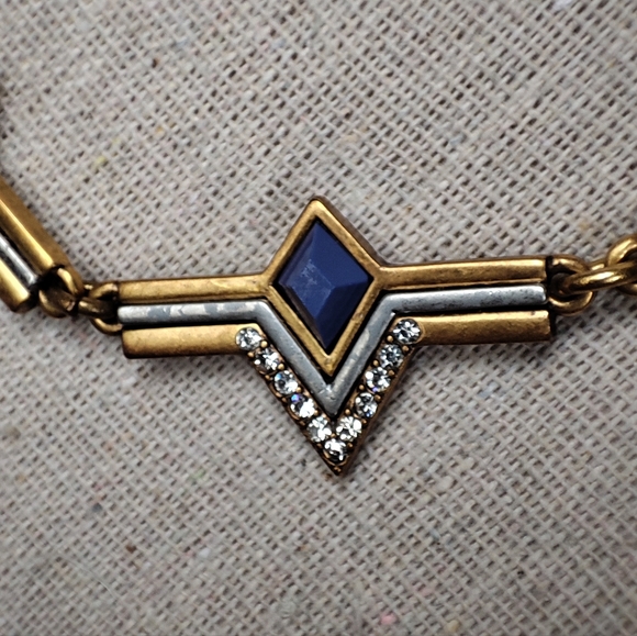 J. Crew Art Deco Revival Oxidized Brass Blue Tone Stone Statement Necklace EUC - Picture 6 of 8